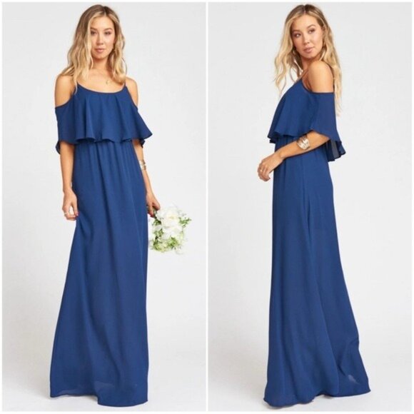 Womens Navy Blue Cold Shoulder Maxi Dress With Ruffle Detail Spaghetti Straps & - Picture 3 of 9